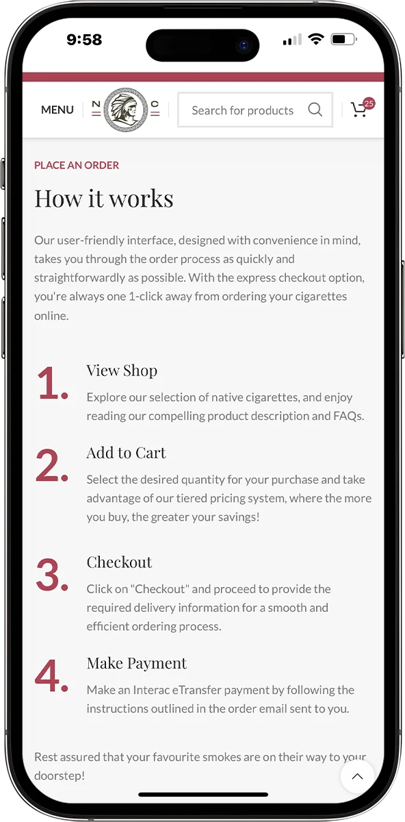 Native Cigarettes Site Experience - how to place an order