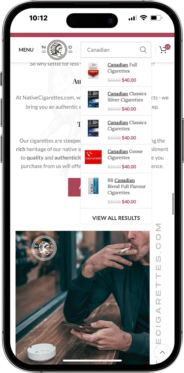 Native Cigarettes Site Experience - Search for products